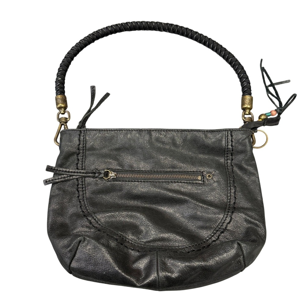 The Sak Shoulder Bag Womens Small Black Leather Braided Handle Boho Tassel Hobo